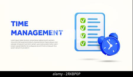 Task management, business operation solution banner template with clock, clipboard with list and checkboxes on it. CRM, ERP sass landing page concept. 3d rendered task icon. vector illustration. Vector illustration Stock Vector