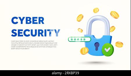 3d cyber network security service banner template with lock, password, checkmark and coins. Server and data security landing page concept. 3d lock icon isolated on background. 3d vector illustration. Vector illustration Stock Vector