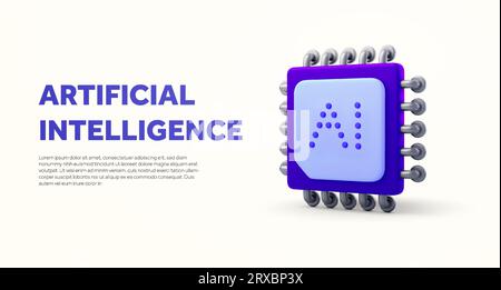 Artificial intelligence banner template with purple CPU chip. Landing page concept. 3d rendered AI-powered CPU icon isolated on white background. 3d Vector illustration. Vector illustration Stock Vector