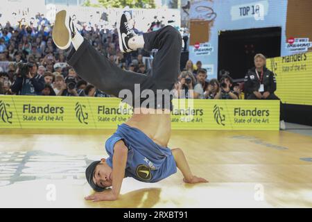 Leuven, Belgium. 24th Sep, 2023. Japanese B-Boy Shigekix aka Shigeyuki Nakarai performs at the final stages of the Breaking World Championships, in Leuven, Sunday 24 September 2023. BELGA PHOTO NICOLAS MAETERLINCK Credit: Belga News Agency/Alamy Live News Stock Photo