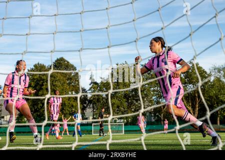 London, UK. 24th Sep, 2023. London, England, September 24th 2023: Lucy Monkman (14 Dulwich Hamlet) celebrates scoring during the London and South East Regional Womens Premier League game between Aylesford and Dulwich Hamlet at Aylesford Football Club in London, England. (Liam Asman/SPP) Credit: SPP Sport Press Photo. /Alamy Live News Stock Photo