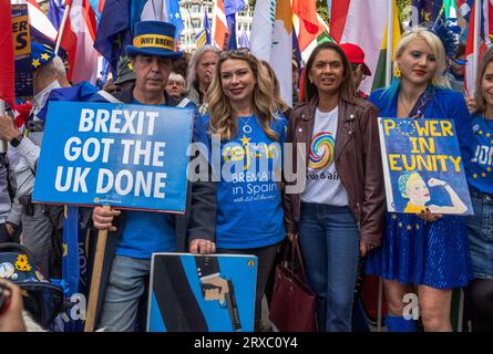 London, UK. 23 Sep 2023: Steve Bray (L), Gina Miller (3rd L) and other leading anti-Brexit activists at the EU National Rejoin March in central London Stock Photo
