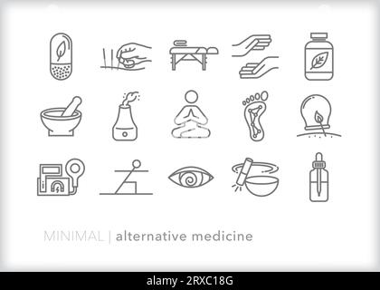 Set of alternative medicine outline icons for practicing a natural, holistic, homeopathic, healthy lifestyle Stock Vector