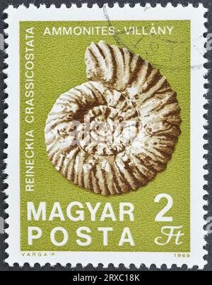 Cancelled postage stamp printed by Hungary, that shows Ammonite from Villány, circa 1969. Stock Photo