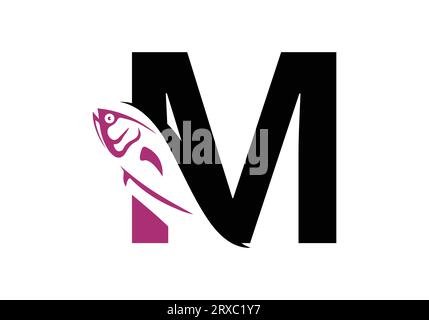 Letter M with fish logo design vector template Stock Vector