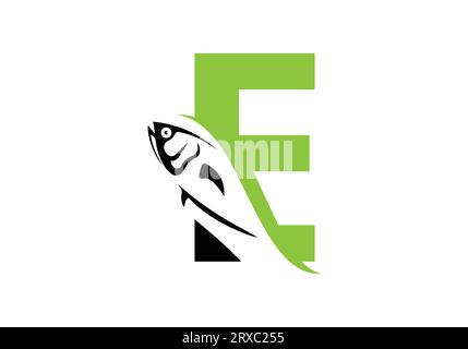 Letter E with fish logo design vector template Stock Vector