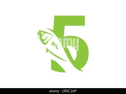 Letter 5 with fish logo design vector template Stock Vector