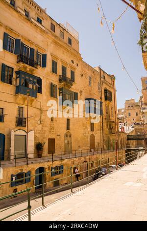 Valletta, Malta - 17 June 2023: Gallarija, the typical blue closed balconies in Valletta, Malta Stock Photo