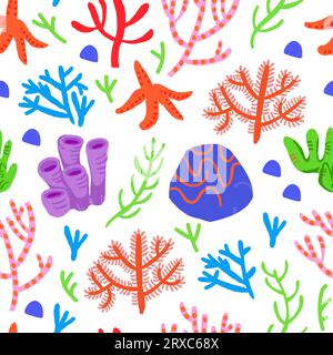 Cute vector colorful seamless pattern with red corals on white background. Coral reef, shells, star fish. Vector illustration Stock Vector