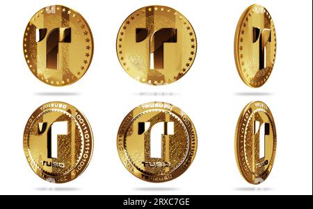 TrueUSD stablecoin TUSD cryptocurrency isolated gold coin on green ...