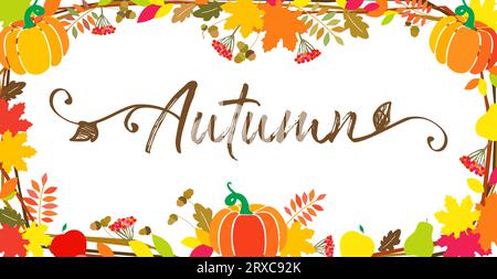 Celebrating Autumn season, social media poster. Greeting card design. Harvest festival invitating concept. Creative frame. Fall background and vintage Stock Vector