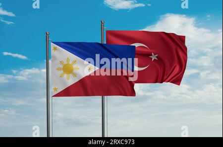 Philippines and Turkey flag waving together in the wind on blue sky ...