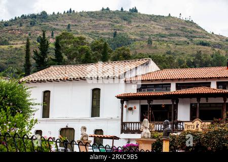 Tibasosa, Boyaca, Colombia - August 9th 2023. View of the beautiful mountains and houses of the small town of Tibasosa in the region of Boyaca in Colo Stock Photo