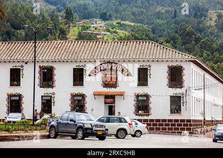 Tibasosa, Boyaca, Colombia - August 9th 2023. Administrative, cultural and commercial center La Monarca located at the central square of the beautiful Stock Photo