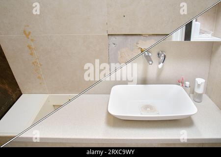 The bathroom underwent a complete renovation, transforming it from a dated space to a modern and stylish room, before after. Stock Photo