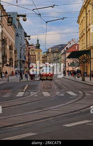 Gorgeous tram through central Prague. Vintage version of the trams found within the city Stock Photo