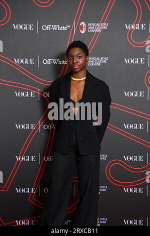 Italy. 21st Sep, 2023. Lazza Milan Fashion Week - Women S/S 2024 Off-White  and AC Milan Football Club “Imaginary Dinner” in collaboration with Vogue  Italia at San Siro Stadium Backdrop Milan, Italy