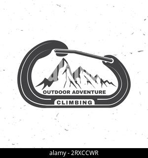 Climbing badge, logo design. Vector. Concept for shirt or logo, print, stamp or tee. Vintage typography design with mountain and carabiner silhouette Stock Vector