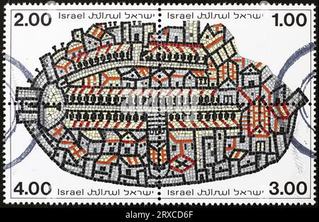Ancient mosaic of Jerusalem of Madaba map on postage stamps Stock Photo