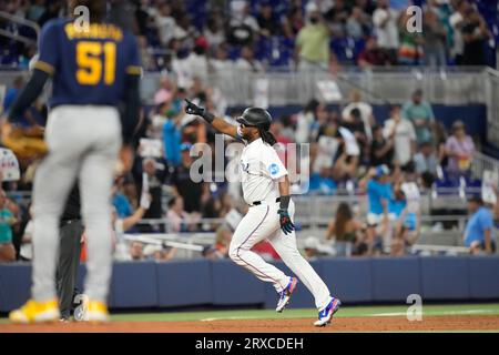 Cleveland Guardians' Josh Naylor looks on during the second inning of a  baseball game against the Miami Marlins, Sunday, April 23, 2023, in  Cleveland. (AP Photo/Nick Cammett Stock Photo - Alamy