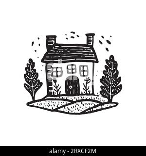 Quirky rural cabin holiday home vector illustration. Block print real estate graphic for scandi winter scene doodle, whimsy minimal stylized domestic Stock Vector