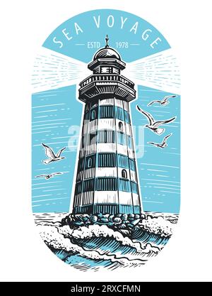 Lighthouse on the sea sketch hand drawn vector illustration. Seascape in retro style Stock Vector