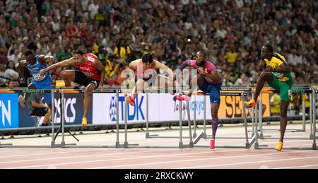 Freddie Crittenden of the USA competing in the 110m hurdles semi-finals at the World Athletics Championships at the National Athletics Centre in Budap Stock Photo