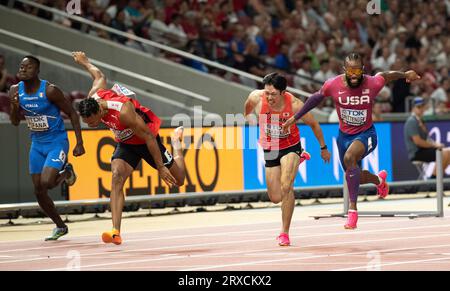 Freddie Crittenden of the USA competing in the 110m hurdles semi-finals at the World Athletics Championships at the National Athletics Centre in Budap Stock Photo