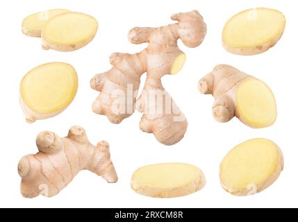 Collection of raw ginger root pieces isolated on white background Stock Photo