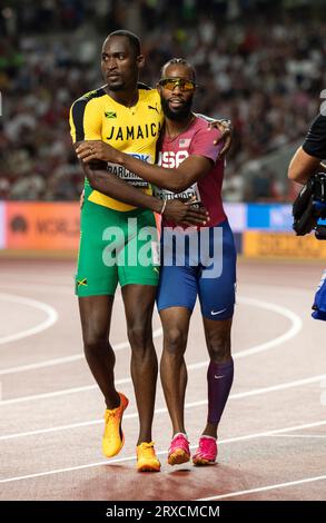 Hansle Parchment of Jamaica and Freddie Crittenden of the USA competing in the 110m hurdles semi-finals at the World Athletics Championships at the Na Stock Photo