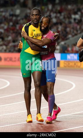 Hansle Parchment of Jamaica and Freddie Crittenden of the USA competing in the 110m hurdles semi-finals at the World Athletics Championships at the Na Stock Photo