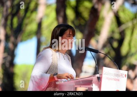 Gava, Spain. 24th Sep, 2023. The Mayor of Gava Gemma Badia speaks at the Catalan Socialist Party's Rose Festival in Gava. The political party PSC (Socialist Party of Catalonia) celebrates the rose festival in the city of Gava where the first Secretary of the Spanish Socialist Workers' Party (PSOE) and acting President of the Government of Spain Pedro Sanchez has attended along with the First Secretary of the PSC Salvador Illa and the Mayor of Gava, Gemma Badia. (Photo by Ramon Costa/SOPA Images/Sipa USA) Credit: Sipa USA/Alamy Live News Stock Photo