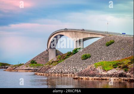 The iconic Storseisundet bridge, the longest of the eight bridges that make up the Atlantic Road in Western Norway Stock Photo