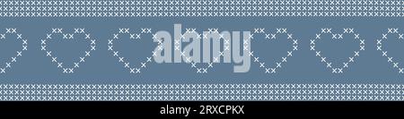 Cross stitch or knitting seamless border with hearts, vector illustration Stock Vector