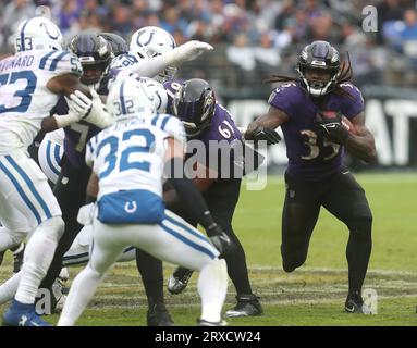 Baltimore, MD, USA. 24th Sep, 2023. Baltimore Ravens RB Gus Edwards (35) in action against the Indianapolis Colts at M&T Bank Stadium in Baltimore, MD. Photo/ Mike Buscher/Cal Sport Media/Alamy Live News Stock Photo