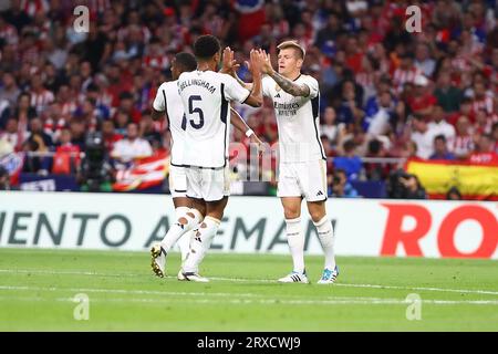 Madrid, Spain. 24th Sep, 2023. Real Madrid´s Toni Kroos celebrates his goal during La Liga EA Sports Match Day 6 between Atletico de Madrid and Real Madrid at Civitas Metropolitano Stadium in Madrid, Spain, on September 24, 2023. Credit: Edward F. Peters/Alamy Live News Stock Photo