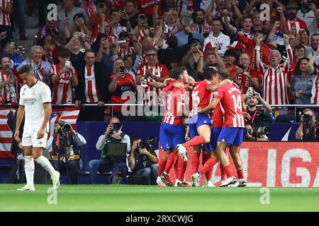 Madrid, Spain. 24th Sep, 2023. Atletico´s Players celebrate during La Liga EA Sports Match Day 6 between Atletico de Madrid and Real Madrid at Civitas Metropolitano Stadium in Madrid, Spain, on September 24, 2023. Credit: Edward F. Peters/Alamy Live News Stock Photo