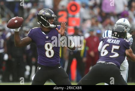 Baltimore, MD, USA. 24th Sep, 2023. Baltimore Ravens QB Lamar Jackson (8) in action against the Indianapolis Colts at M&T Bank Stadium in Baltimore, MD. Photo/ Mike Buscher/Cal Sport Media/Alamy Live News Stock Photo