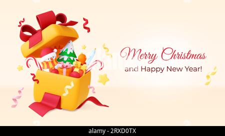 Christmas surprise 3d box. Stylish gift, realistic present decoration and sweets. Xmas celebrate concept, holiday confetti and candy pithy vector Stock Vector