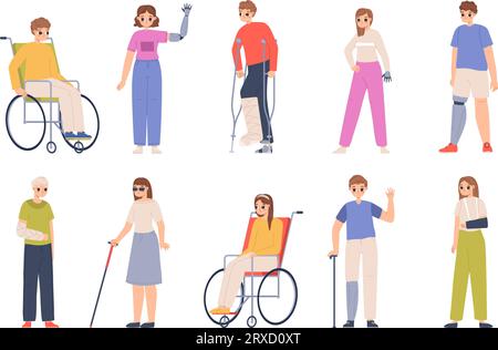 Disabled people group, young adult with injury. Disability woman and man, disabilities and technologies. Hospital patients snugly vector characters Stock Vector