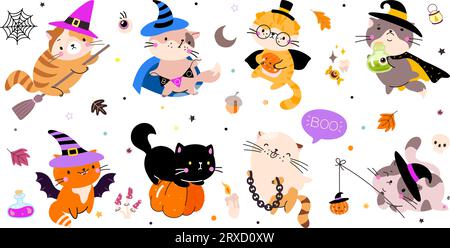 Halloween funny cats. Cute cat on pumpkin and broomstick, kitty ghost and bat. Kittens in spooky costumes, dracula and witch hat nowaday vector Stock Vector