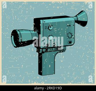 Stylized vector illustration of a handheld film vintage movie camera in retro poster style Stock Vector