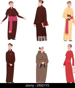 Catholic church. Religion catholic person male and female characters pastor catholicism leader in authentic clothes exact vector cartoon people Stock Vector