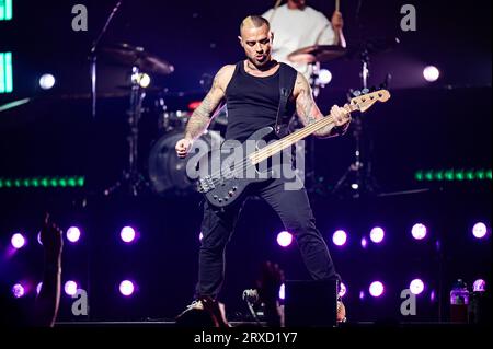 Manchester, UK. 24th September 2023.  James Bourne, Matt Willis and Charlie Simpson of the band Busted perform at Manchester's AO Arena. 2023-09-24 . Credit:  Gary Mather/Alamy Live News Stock Photo
