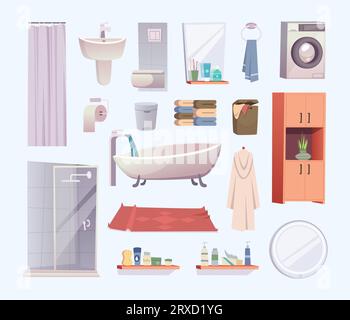 Shower items. Tools collection for bathroom interior exact vector hygiene equipment in cartoon style Stock Vector