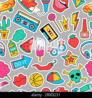 Stickers pattern. Sticky retro labels fashioned teenage items recent vector seamless background Stock Vector