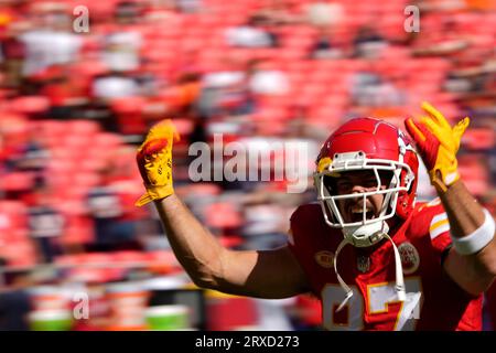 Kansas City, United States. 24th Sep, 2023. Kansas City Chiefs tight end Travis Kelce (87) makes a grand entrance against the Chicago Bears at Arrowhead Stadium in Kansas City, Missouri on Sunday, September 24, 2023. Photo by Jon Robichaud/UPI Credit: UPI/Alamy Live News Stock Photo