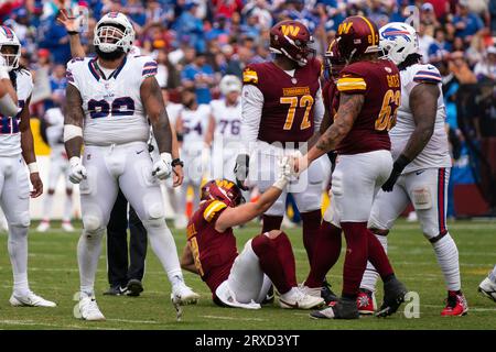 Buffalo Bills defensive tackle DaQuan Jones (92) reacts during the second  half of an NFL football