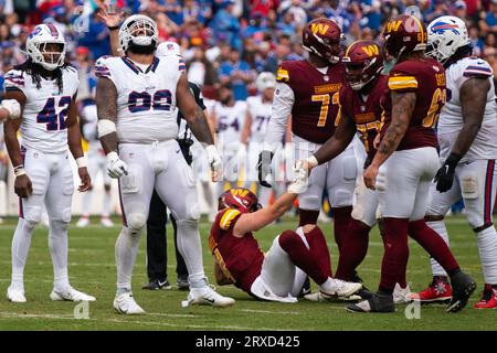 Buffalo Bills defensive tackle DaQuan Jones (92) walks off the field after  an NFL football game against the Kansas City Chiefs Sunday, Oct. 16, 2022,  in Kansas City, Mo. (AP Photo/Peter Aiken