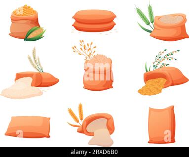 Cartoon bags with cereals. Rye flour, cereal different bag. Cooking ingredients, wheat, rice, millet grains and plants. Agriculture nowaday vector set Stock Vector